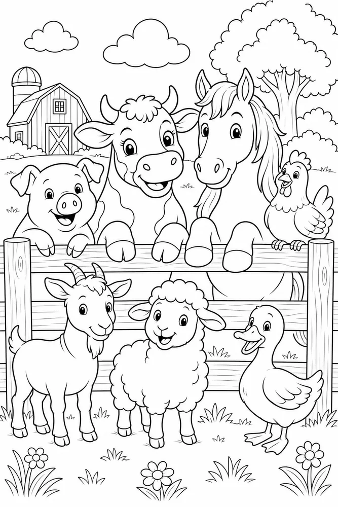 Farm Animals Fence Rail Group coloring page