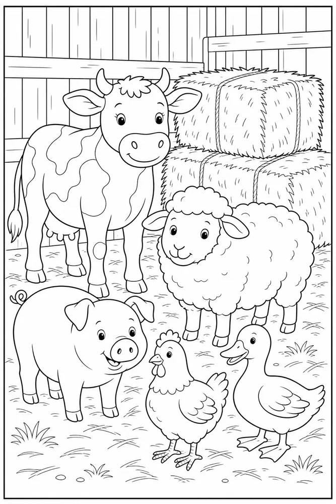Farm Animals Hay Bale Corner coloring page