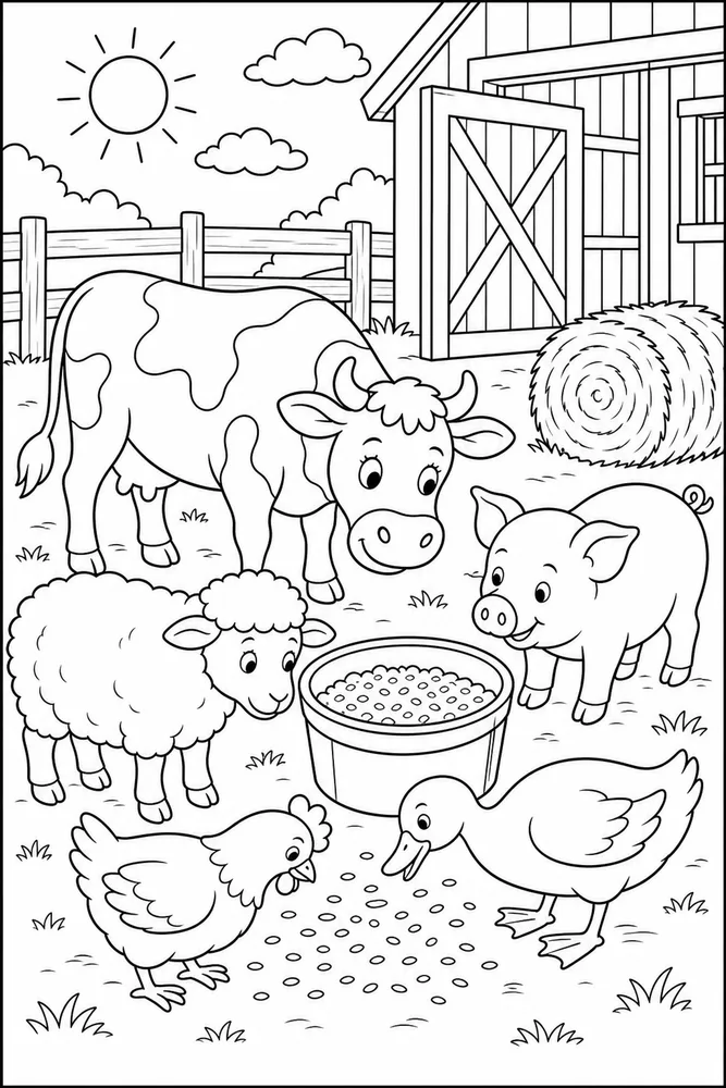 Farm Animals Morning Feed Time coloring page