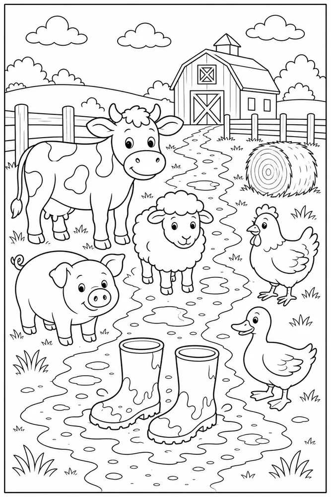 Farm Animals Muddy Boots Path coloring page