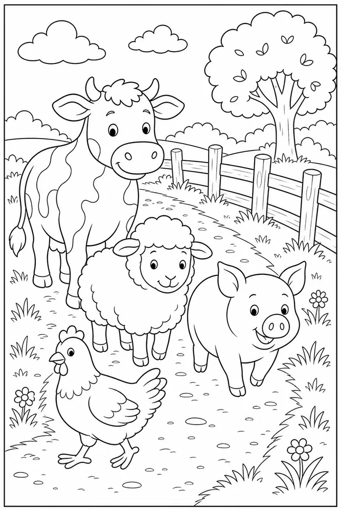 Farm Animals Pasture Path coloring page