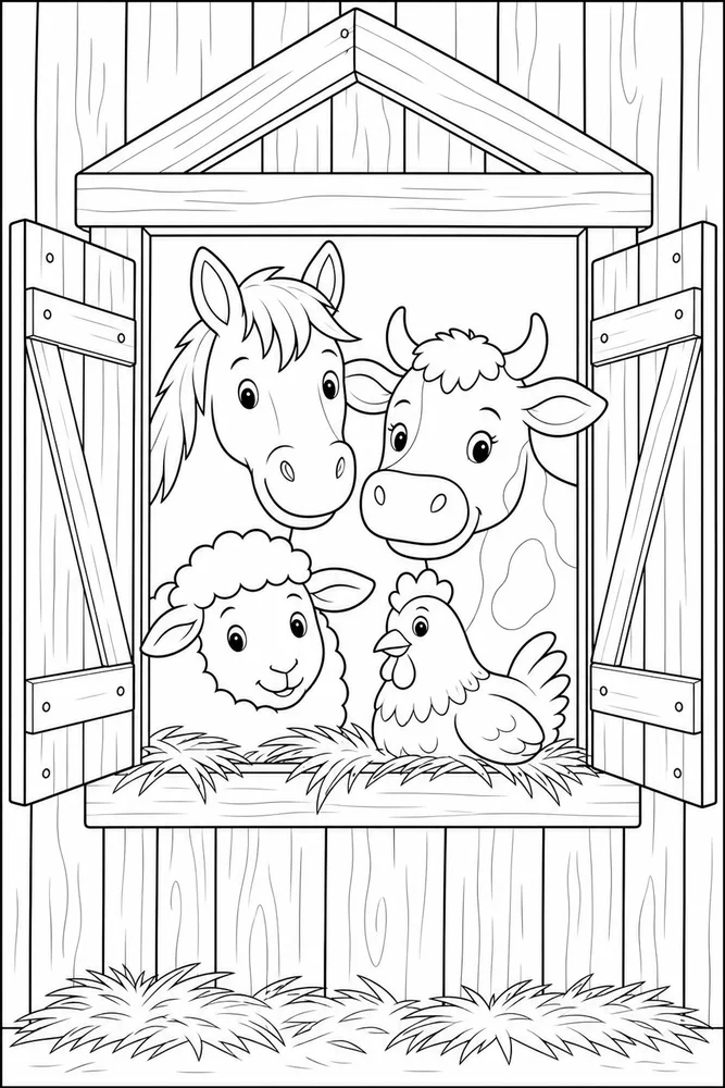 Farm Animals Stable Window coloring page