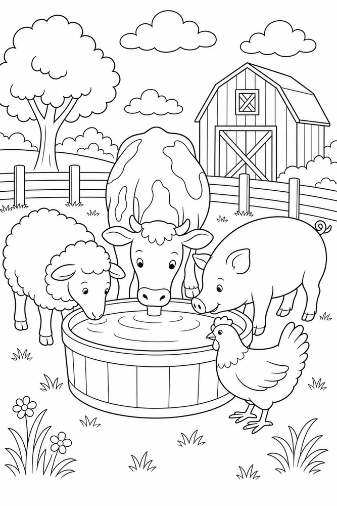 Farm Animals Watering Trough coloring page
