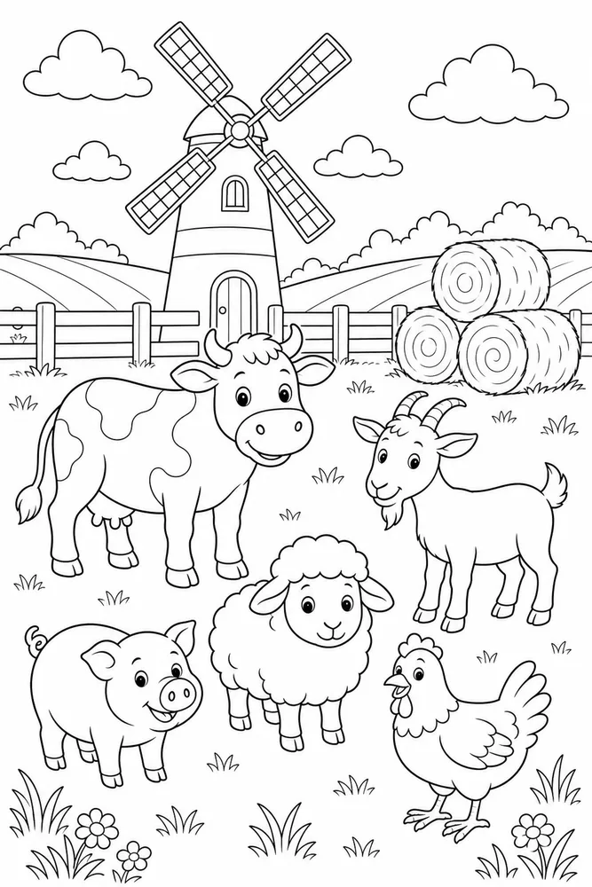 Farm Animals Windmill Field coloring page