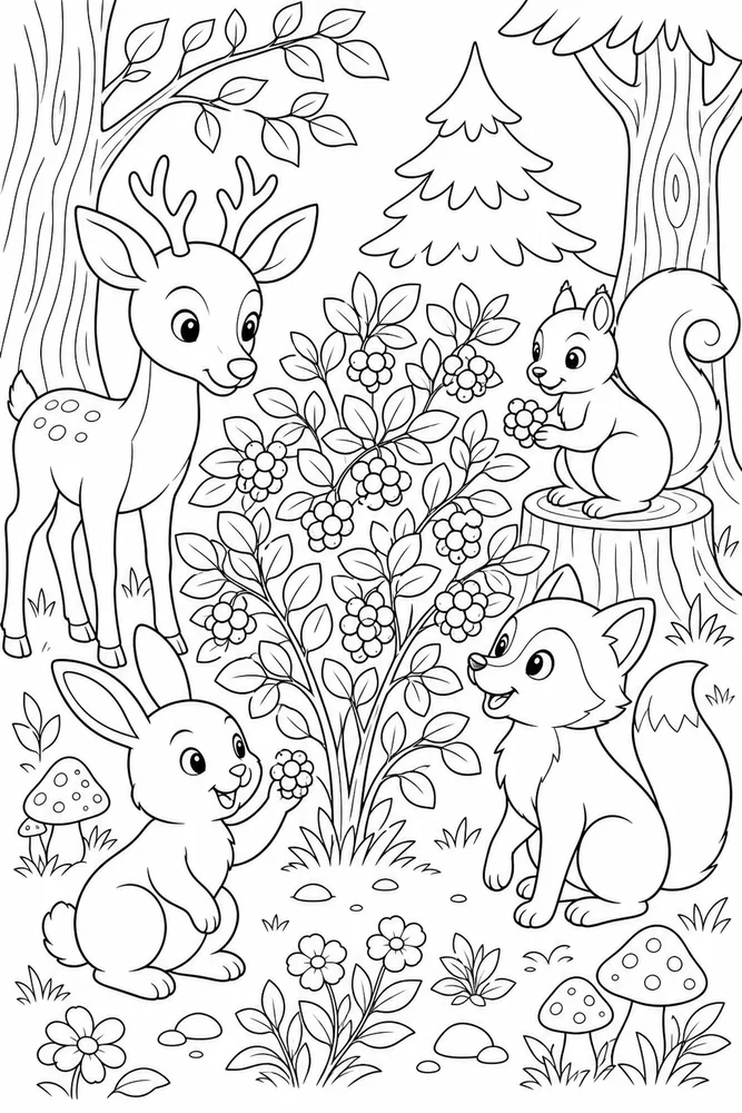 Forest Animals Berry Bush coloring page