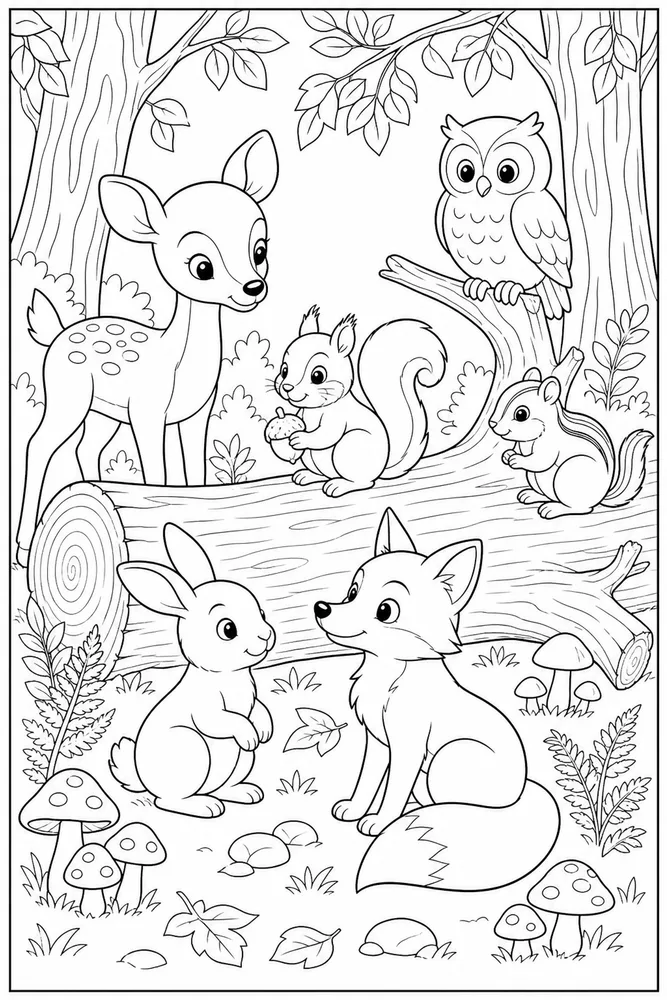 Forest Animals Fallen Log coloring page
