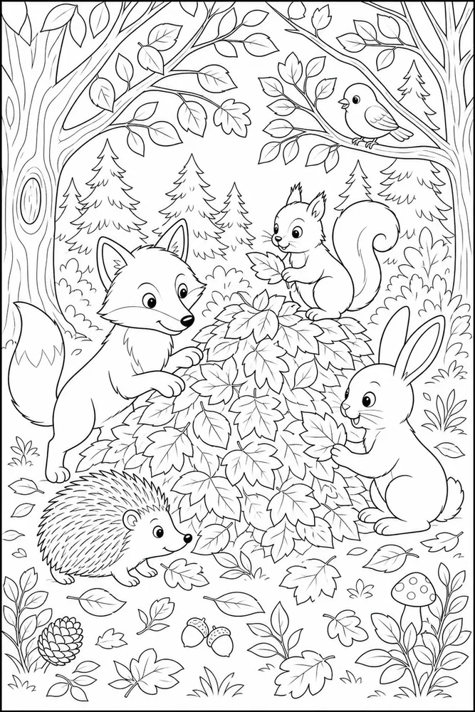 Forest Animals Leaf Pile coloring page