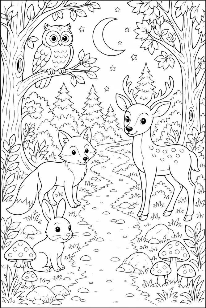 Forest Animals Moonlit Path coloring page