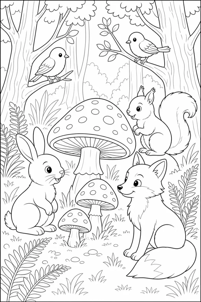 Forest Animals Mushroom Clearing coloring page