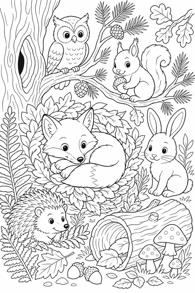 Forest Animals Nesting Corner coloring page