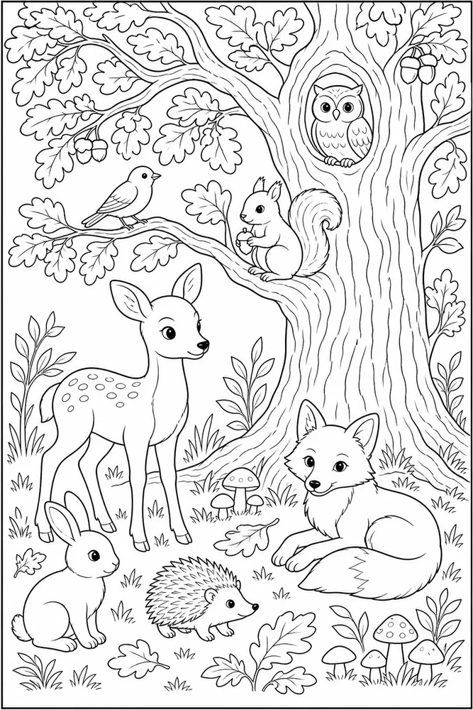 Forest Animals Oak Tree Shade coloring page