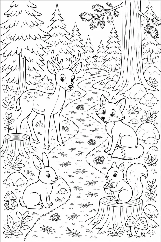 Forest Animals Pine Trail coloring page