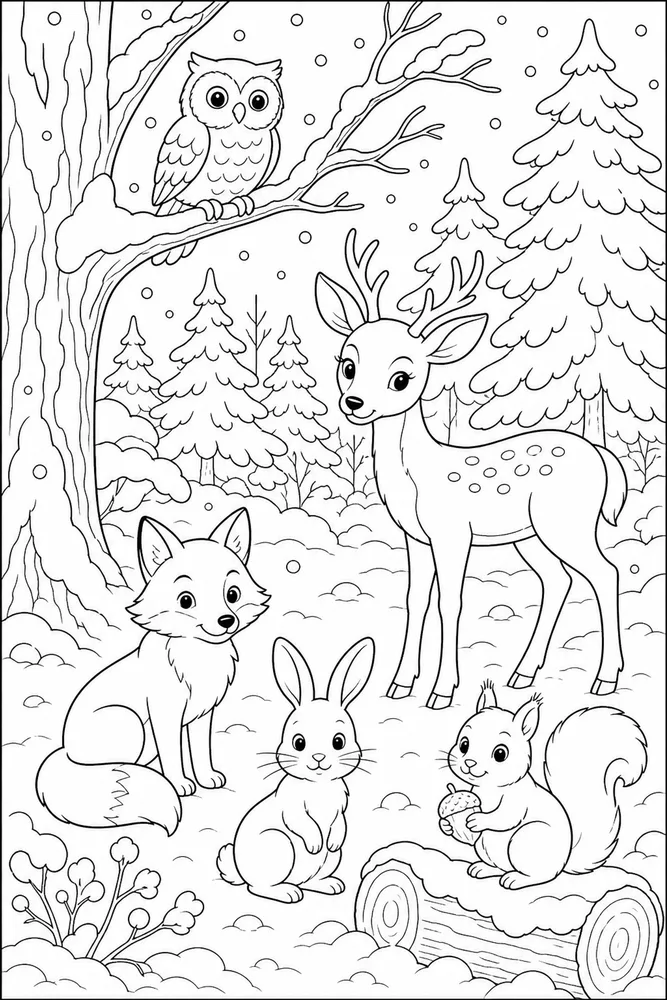 Forest Animals Snowy Trees coloring page