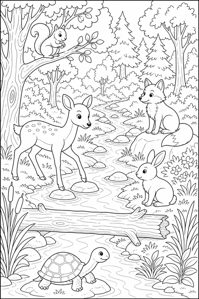 Forest Animals Stream Crossing coloring page