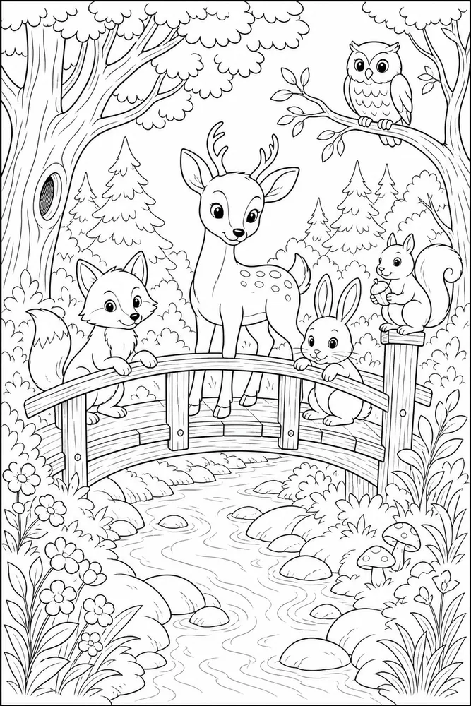 Forest Animals Wooden Bridge coloring page