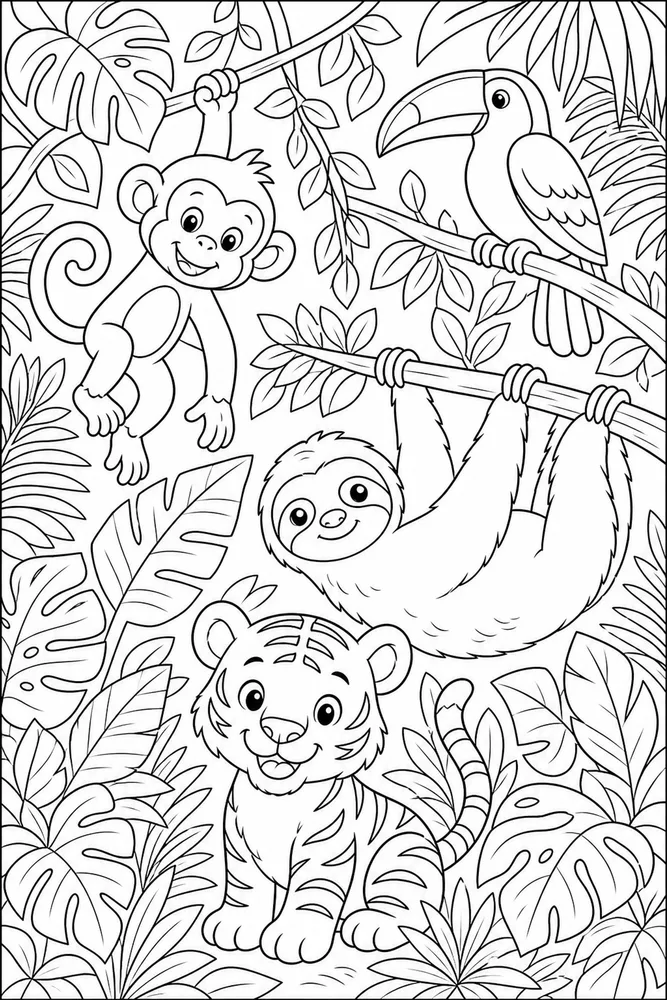 Jungle Animals Dense Leaves coloring page