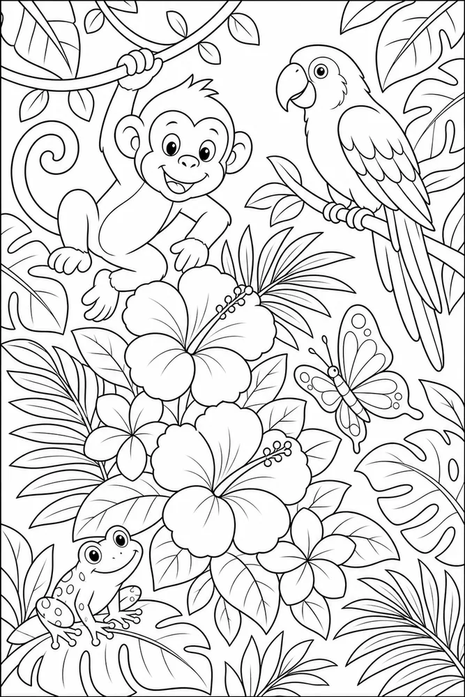 Jungle Animals Jungle Flowers coloring page
