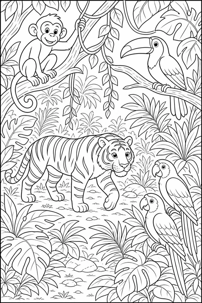 Jungle Animals Leafy Clearing coloring page