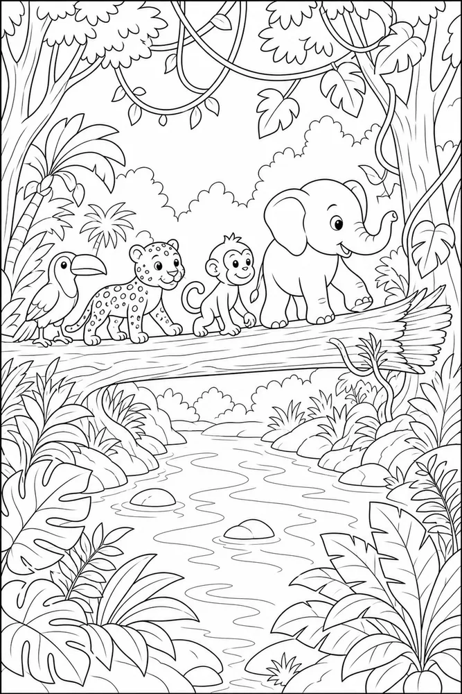 Jungle Animals Log Bridge coloring page
