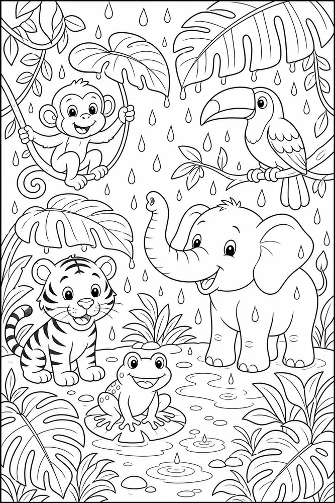 Jungle Animals Rain Shower Leaves coloring page