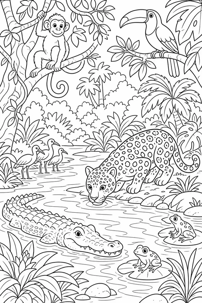 Jungle Animals River Bank coloring page
