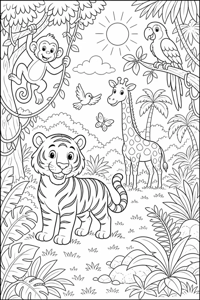 Jungle Animals Sunlit Clearing coloring page