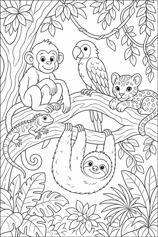 Jungle Animals Tree Branch Rest coloring page