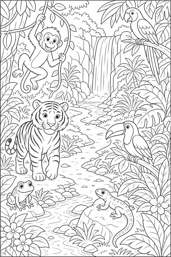 Jungle Animals Waterfall Path coloring page