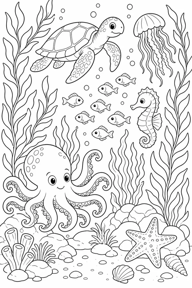 Ocean Animals Kelp Forest Swim coloring page