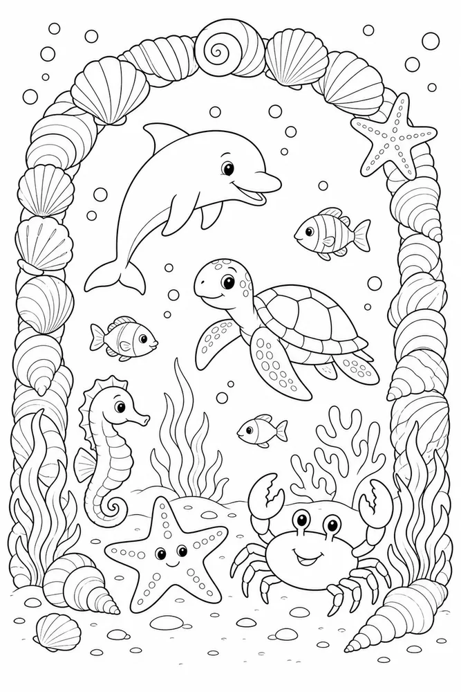 Ocean Animals Seashell Arch coloring page