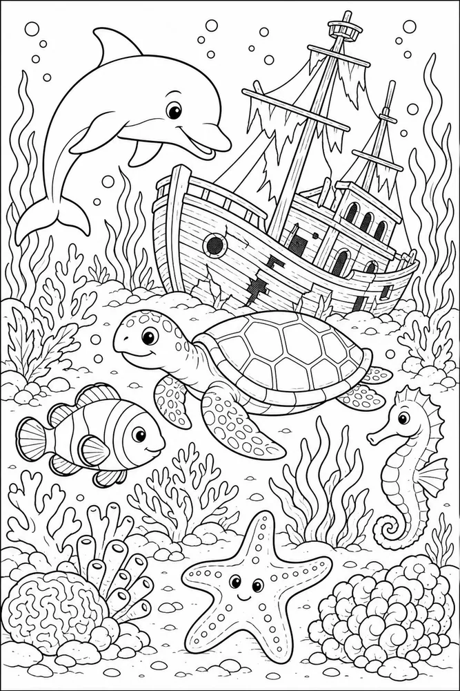 Ocean Animals Shipwreck Background coloring page