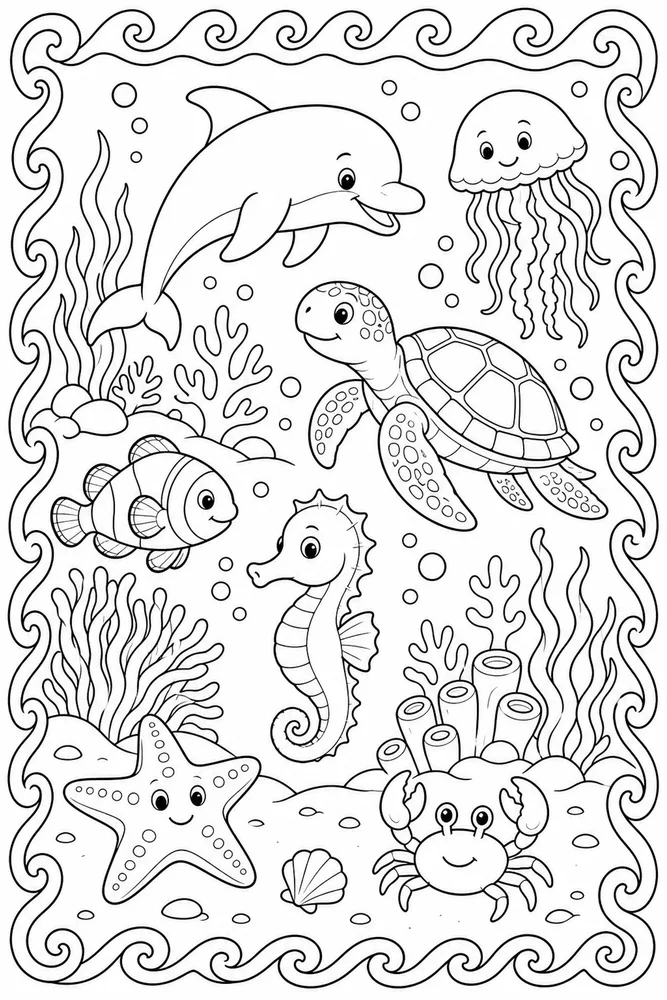 Ocean Animals Wave Border coloring page