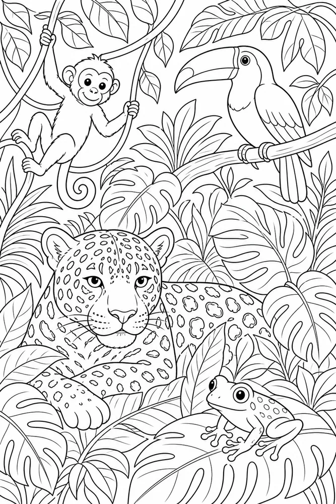 Rainforest Animals Giant Leaves coloring page