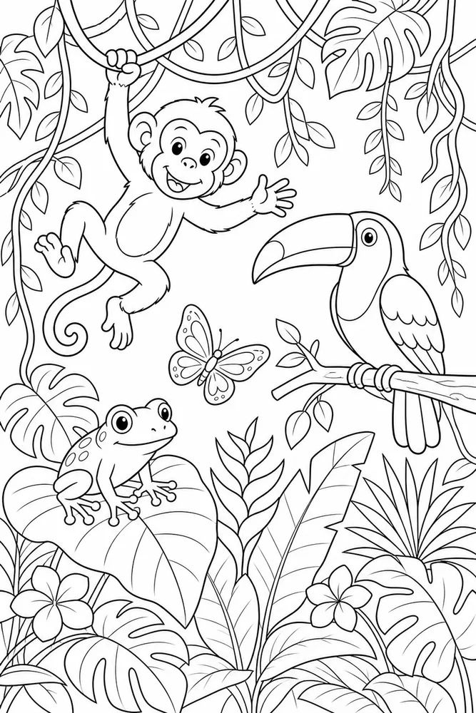 Rainforest Animals Hanging Vines coloring page