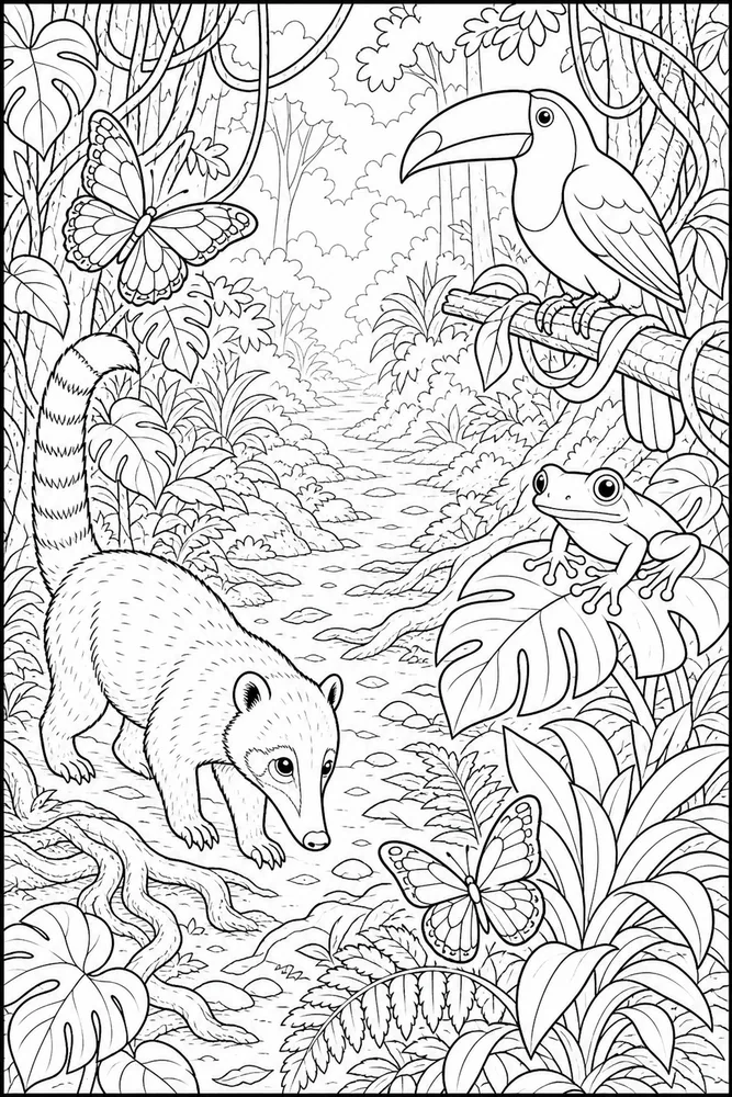 Rainforest Animals Misty Trail coloring page