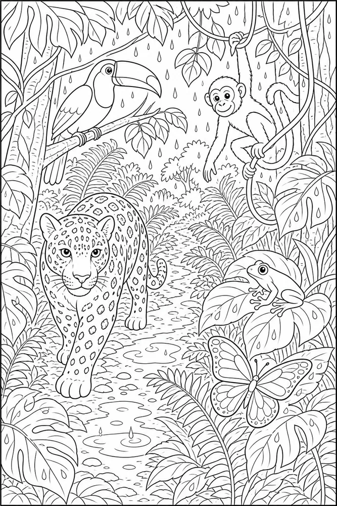 Rainforest Animals Rainy Fern Path coloring page