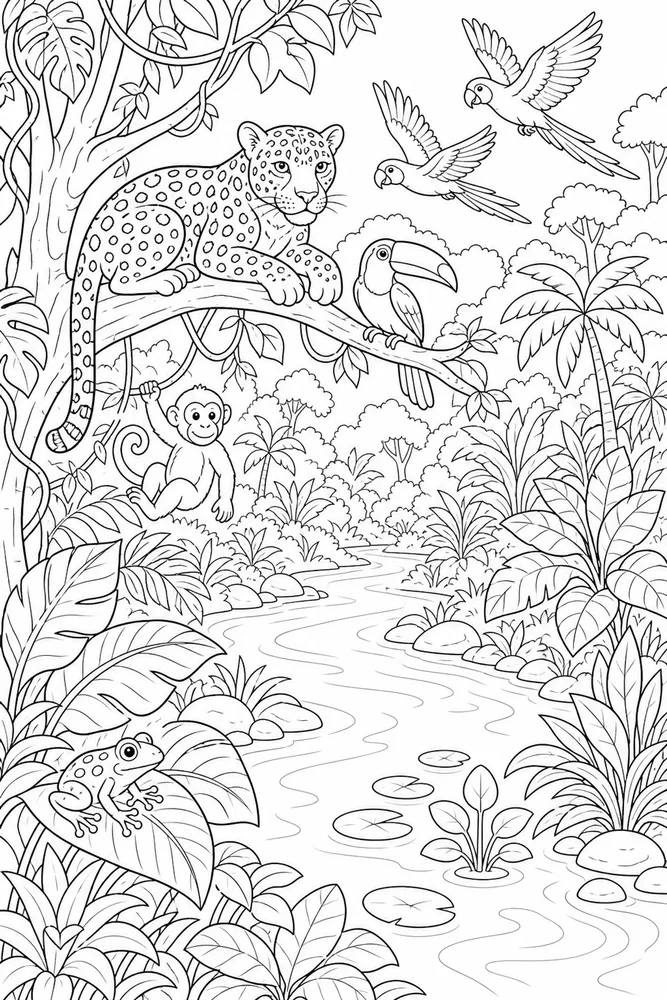 Rainforest Animals River Bend coloring page