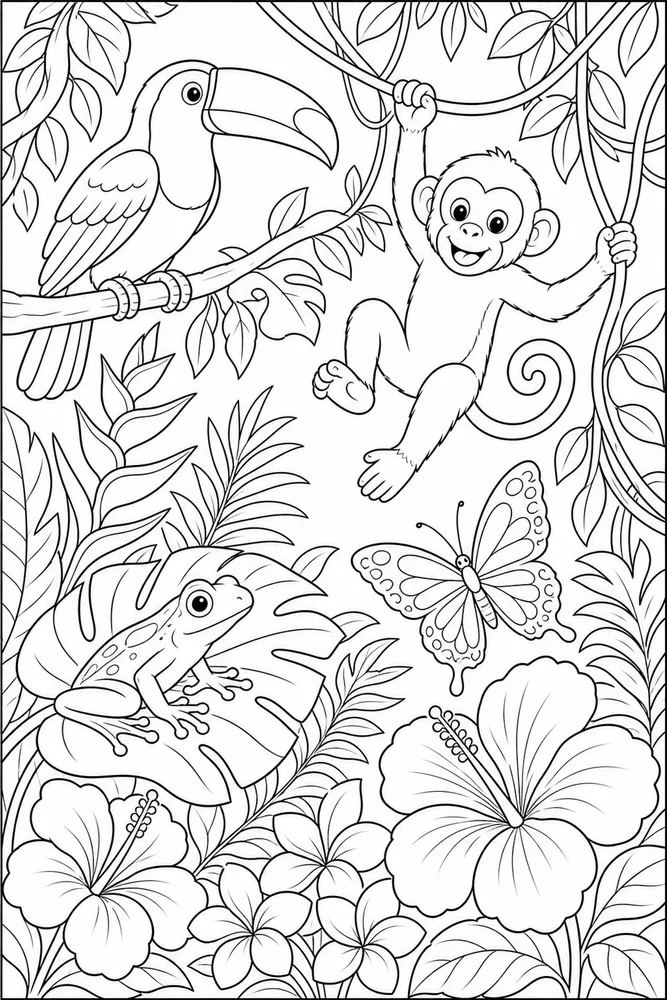 Rainforest Animals Tropical Flowers coloring page