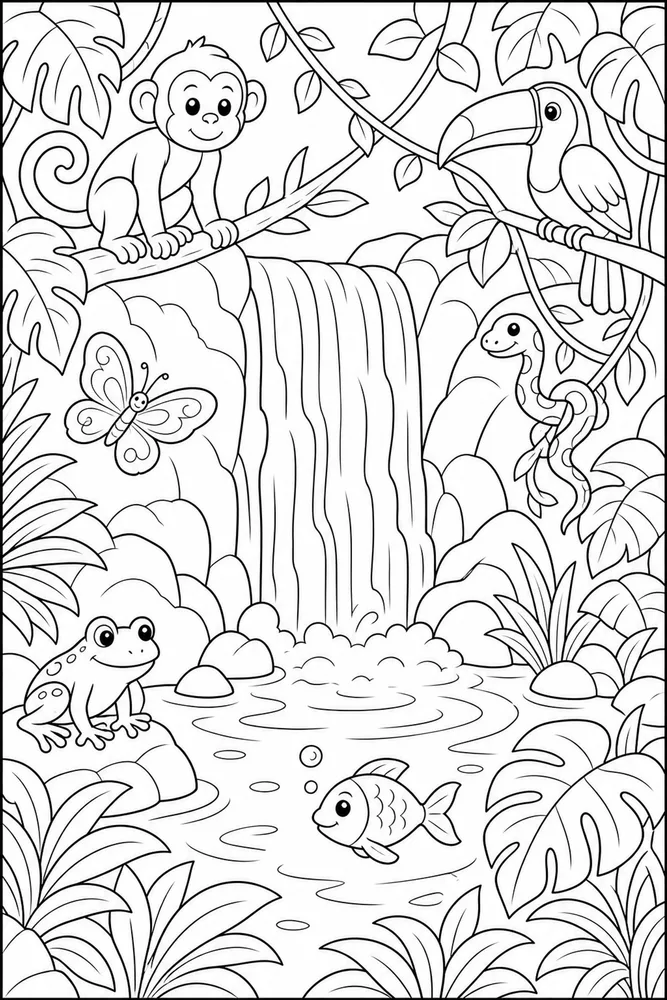 Rainforest Animals Waterfall Pool coloring page