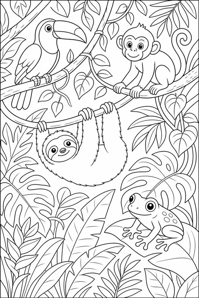 Rainforest Animals Wide Leaves coloring page