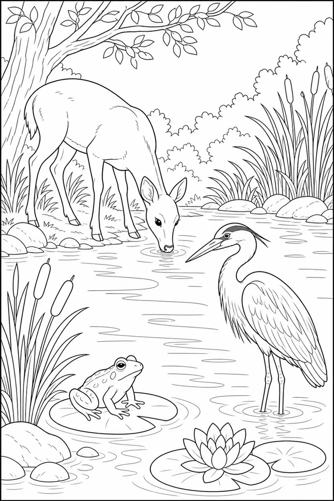 Realistic Animal Water Edge coloring page