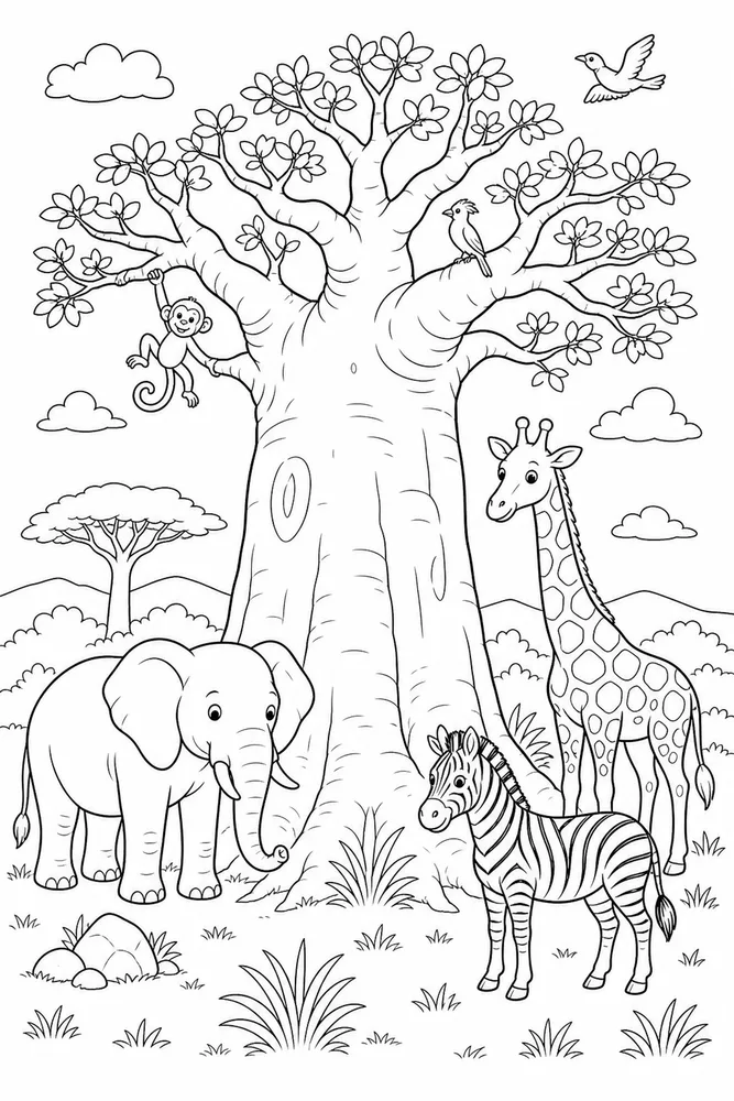 Safari Animals Baobab Tree coloring page