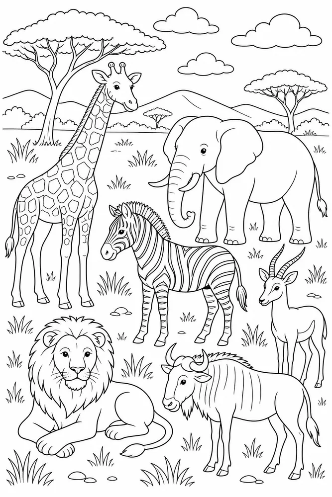 Safari Animals Grassland Group coloring page