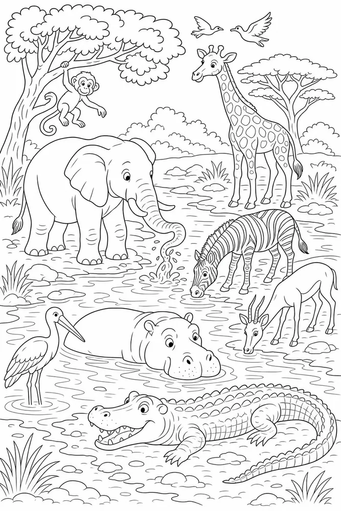 Safari Animals Muddy River coloring page