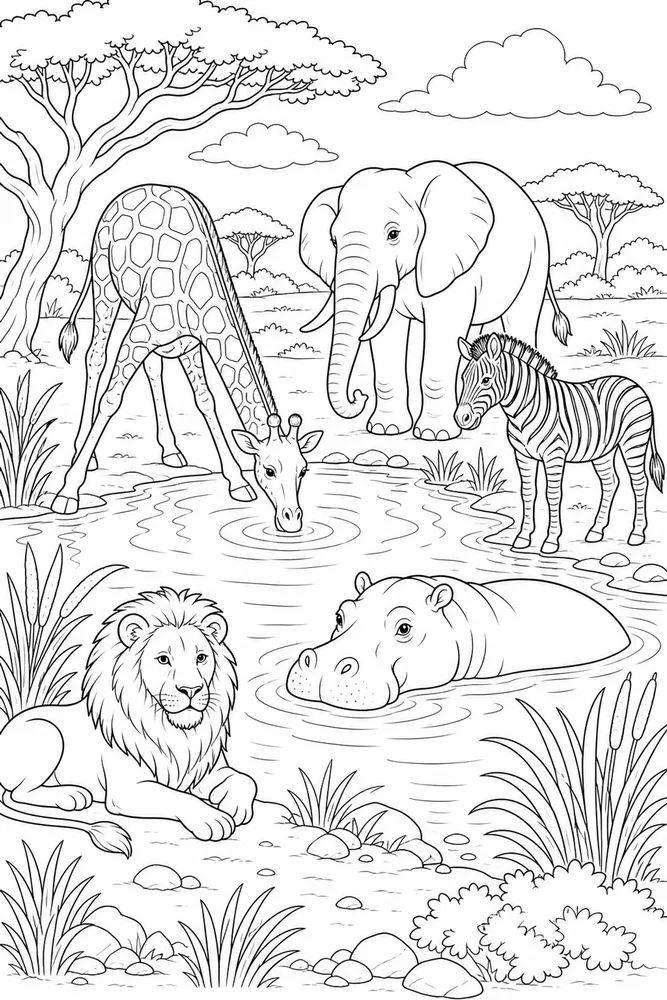 Safari Animals Watering Hole coloring page