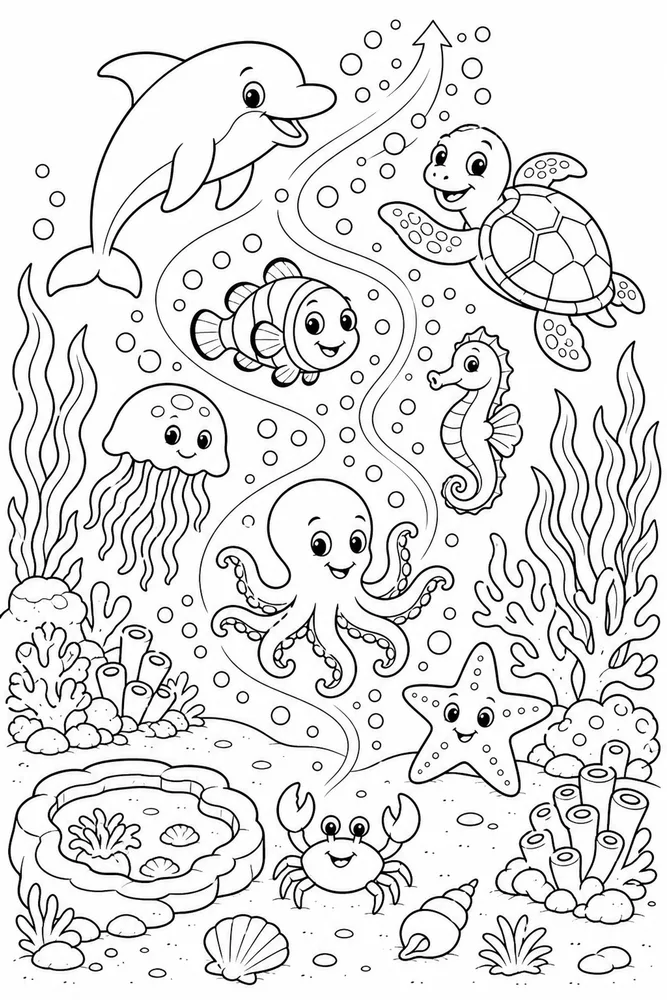 Sea Animal Bubble Current Animals printable coloring page