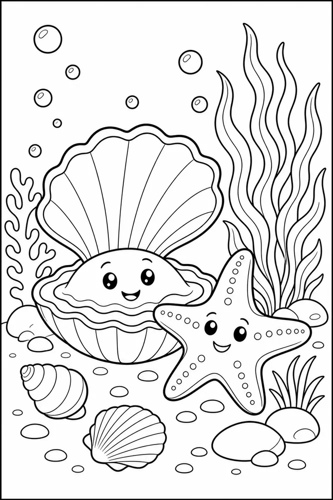Sea Animal Clam And Starfish Scene printable coloring page