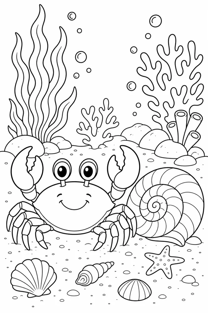 Sea Animal Crab And Shell Scene printable coloring page