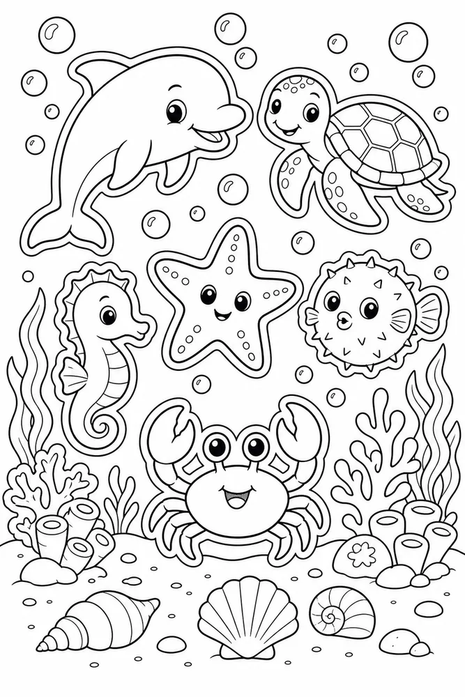 Sea Animal Cute Sea Animal Sticker Style printable coloring page