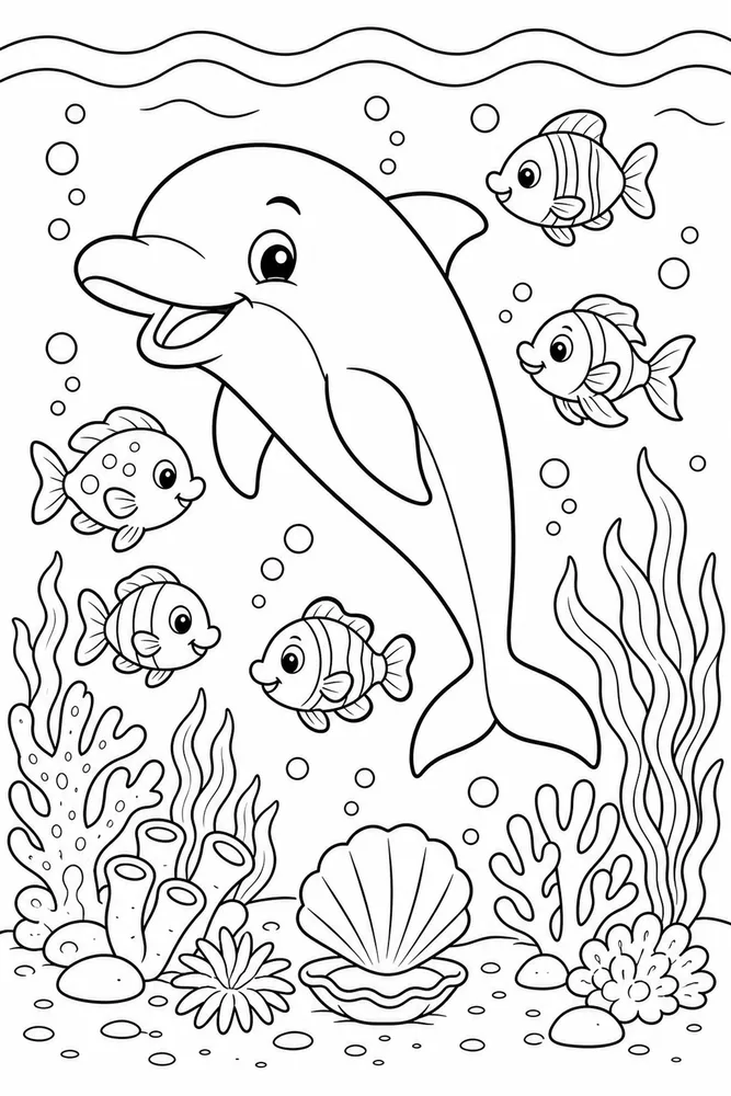 Sea Animal Dolphin With Fish Friends printable coloring page